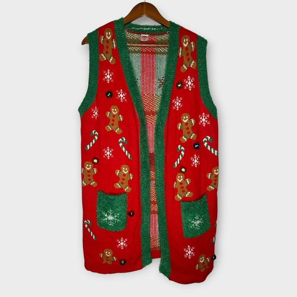 Holiday Time Jackets & Blazers - Cute Ugly Christmas Sweater Long Vest
Gingerbread Man Candy Cane Jingle Bells 2X